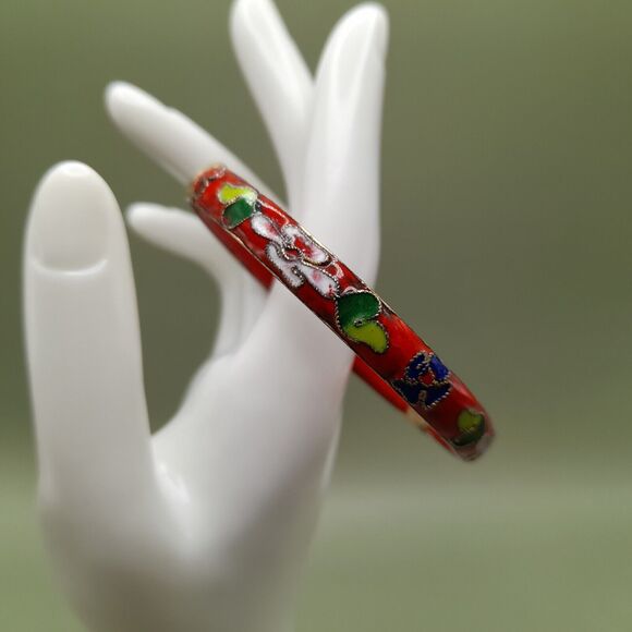Vintage Asian Gold Trim Red Floral Cloisonné Hinged Bangle Bracelet, 7 1/4 Inch - Picture 1 of 10